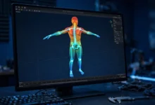 A character mesh in Blender's Weight Paint mode with armature bones visible over the model.