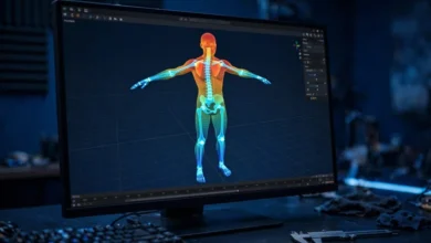A character mesh in Blender's Weight Paint mode with armature bones visible over the model.