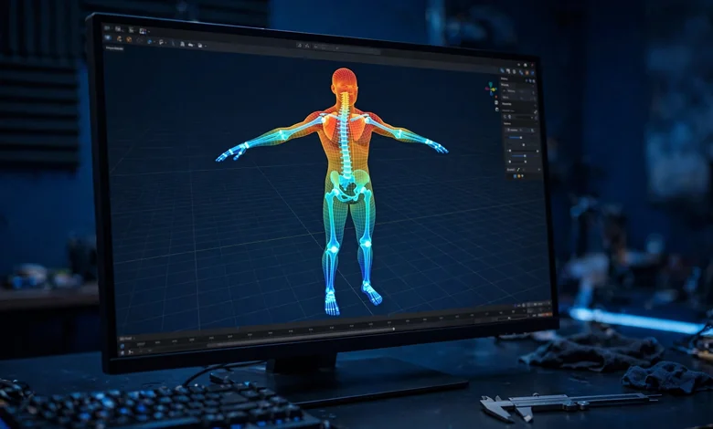 A character mesh in Blender's Weight Paint mode with armature bones visible over the model.