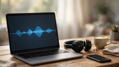 A laptop with a music player and headphones on a desk, illustrating the FLVTO YouTube to MP3 conversion concept.