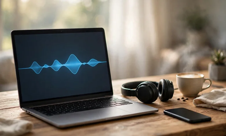 A laptop with a music player and headphones on a desk, illustrating the FLVTO YouTube to MP3 conversion concept.