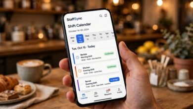 A smartphone showing a work-scheduling app with a shift calendar, held over a restaurant counter.