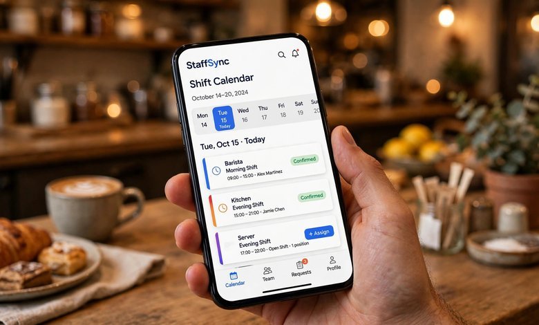 A smartphone showing a work-scheduling app with a shift calendar, held over a restaurant counter.