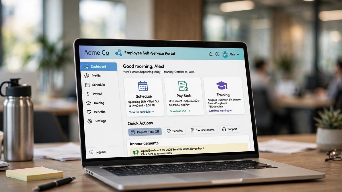A laptop showing an employee self-service portal dashboard with schedule and pay icons.