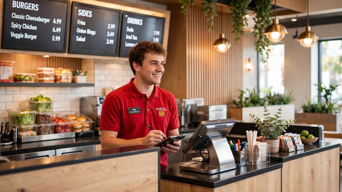 A friendly fast-food restaurant team member in a red polo shirt taking an order at the counter.