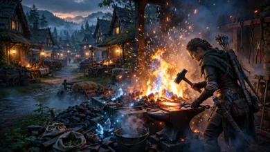 Adventurer at a glowing blacksmith forge — a crimson desert can't do any crafting missions troubleshooting scene.