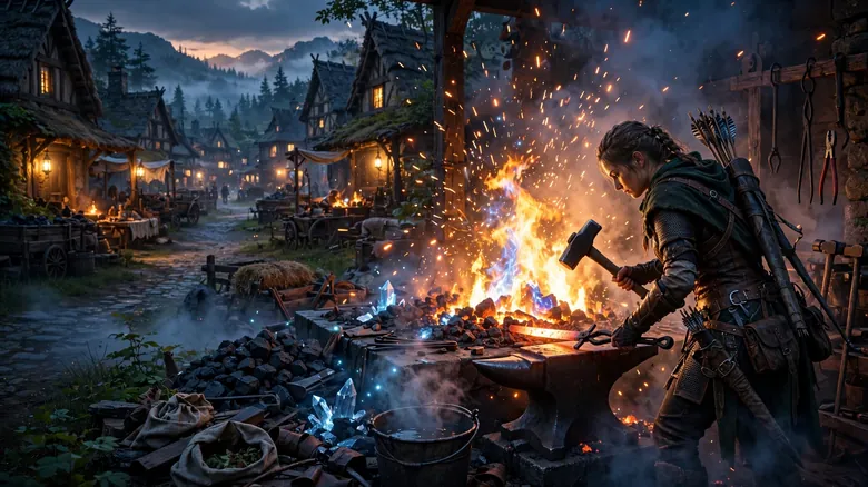 Adventurer at a glowing blacksmith forge — a crimson desert can't do any crafting missions troubleshooting scene.
