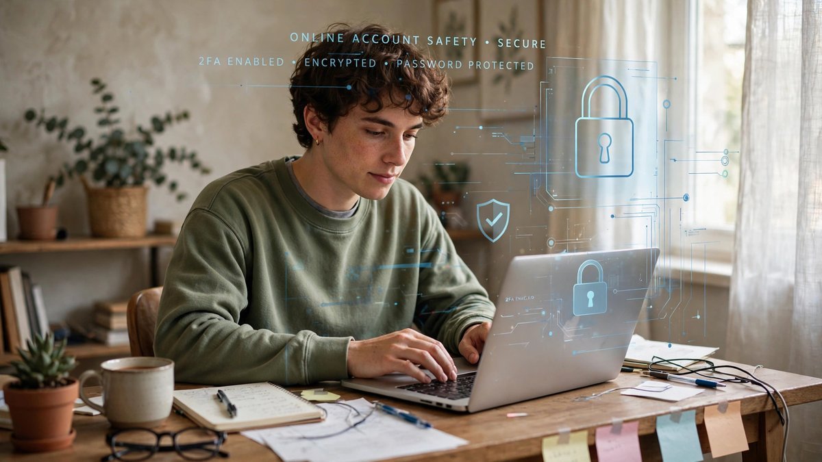A person typing on a laptop at a home desk with a padlock security concept, illustrating online account safety.