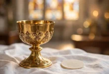 Golden chalice and communion wafer on a white altar cloth in a church, illustrating the Eucharist.