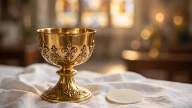 Golden chalice and communion wafer on a white altar cloth in a church, illustrating the Eucharist.