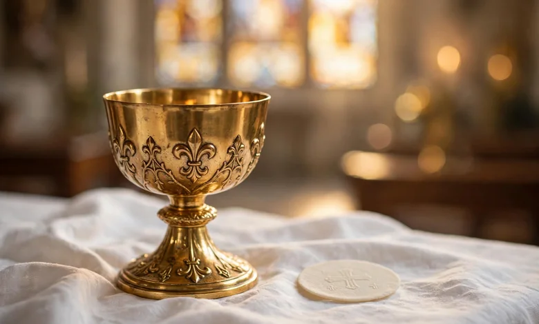 Golden chalice and communion wafer on a white altar cloth in a church, illustrating the Eucharist.