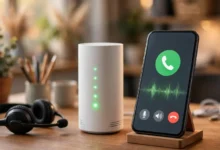 A smartphone showing a support call next to a T-Mobile 5G home internet gateway router on a desk.