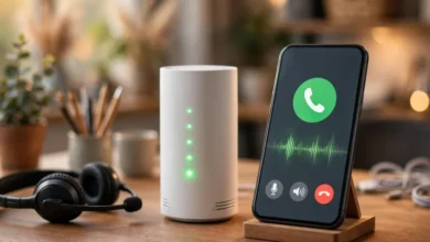 A smartphone showing a support call next to a T-Mobile 5G home internet gateway router on a desk.