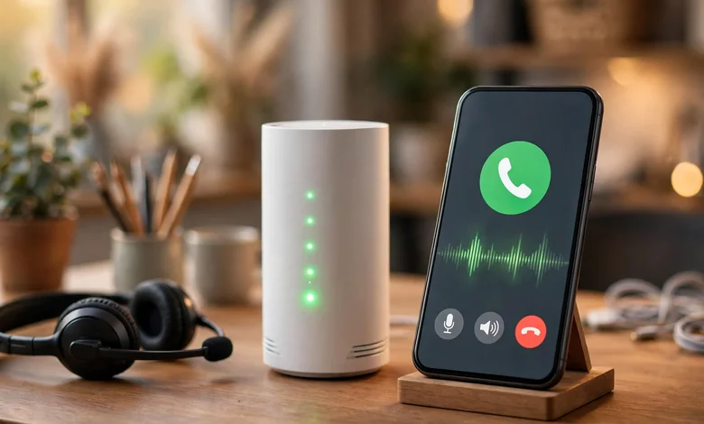 A smartphone showing a support call next to a T-Mobile 5G home internet gateway router on a desk.