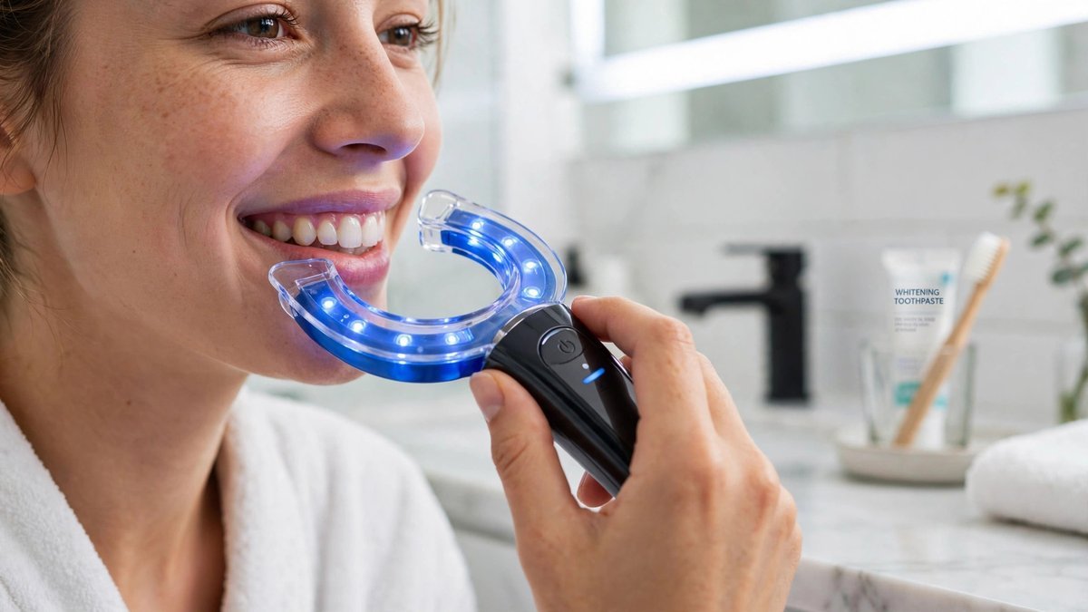A person holding a blue LED teeth whitening mouth tray near their smile in a bright bathroom.
