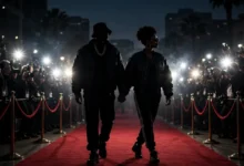 Stylish celebrity couple at a red carpet event — an ice-t and ortiz wife scene evoking Ice-T and Darlene Ortiz in the 1980s hip-hop era.