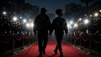 Stylish celebrity couple at a red carpet event — an ice-t and ortiz wife scene evoking Ice-T and Darlene Ortiz in the 1980s hip-hop era.