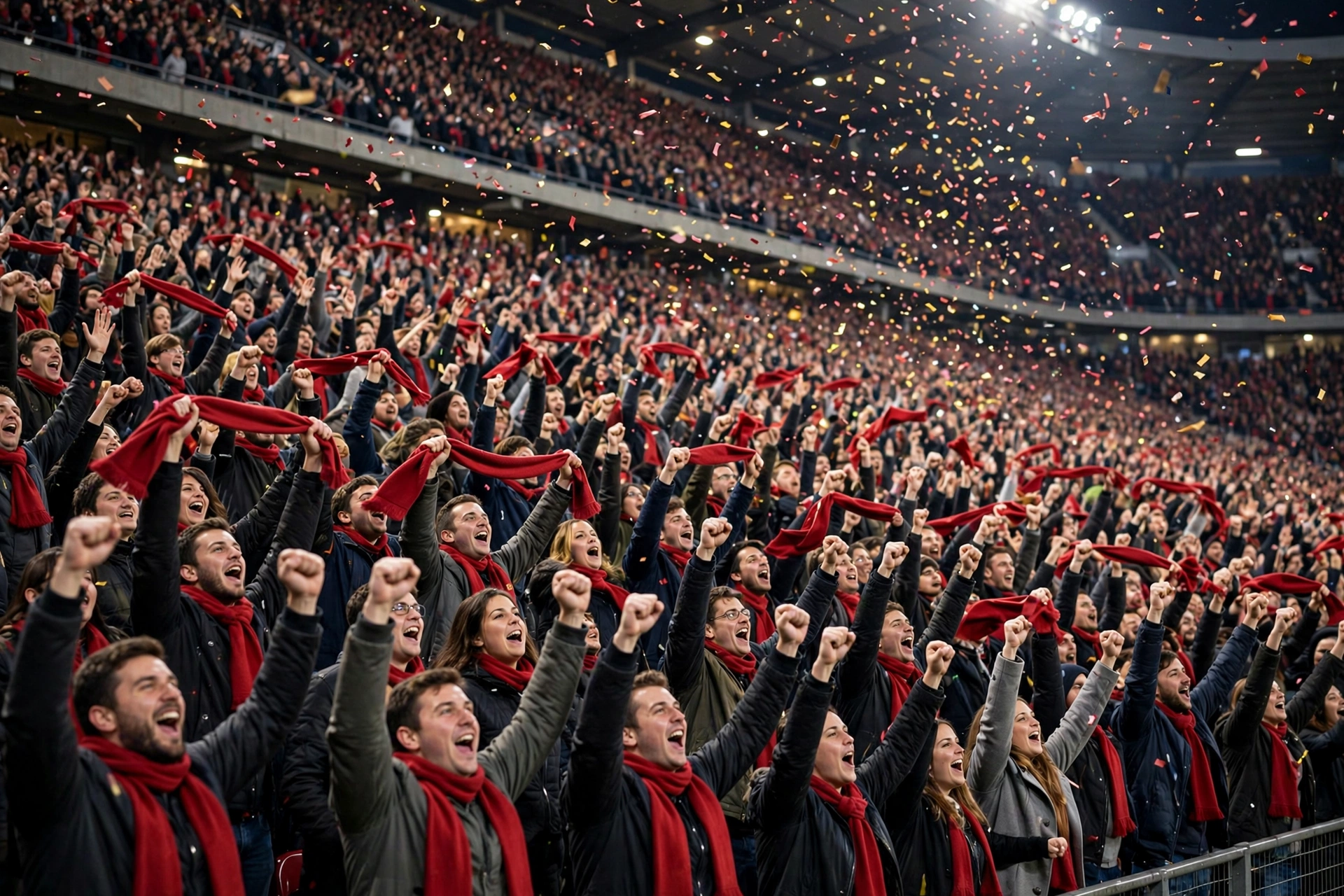 arsenal supporters celebrating in a packed stadium