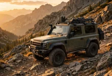 ineos grenadier 4x4 on rocky mountain trail at golden hour