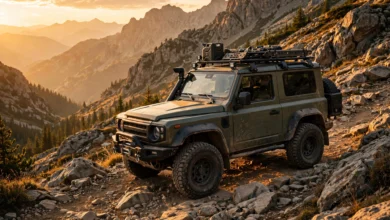 ineos grenadier 4x4 on rocky mountain trail at golden hour