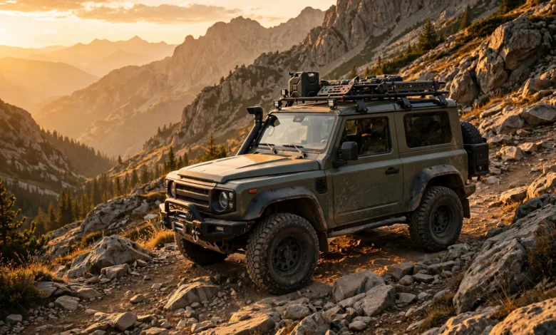 ineos grenadier 4x4 on rocky mountain trail at golden hour