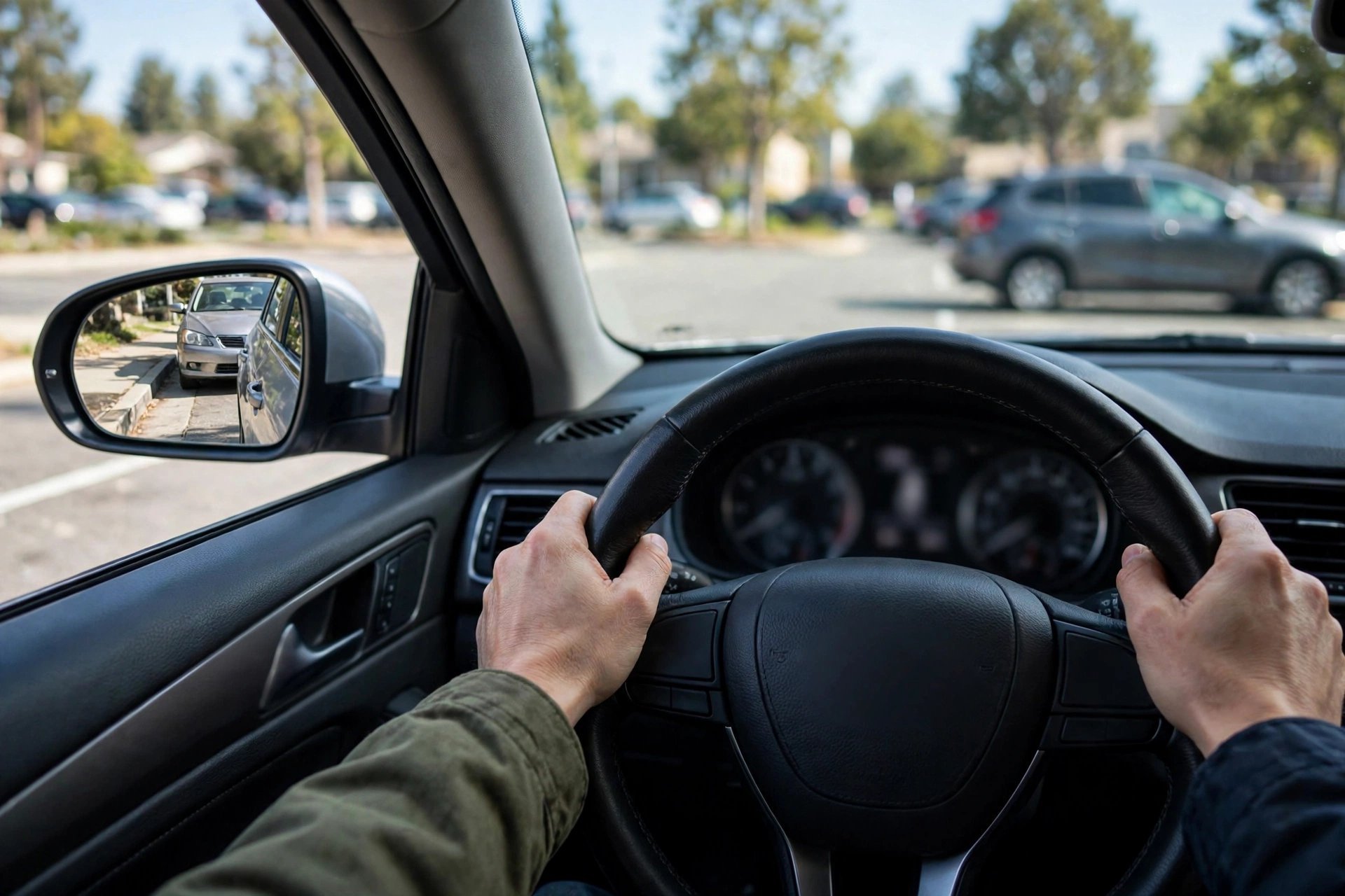 driver checking side mirror while parallel parking