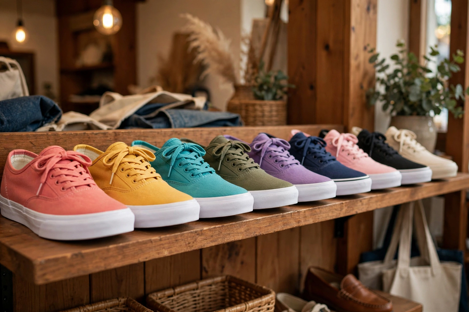 vans colorful canvas sneakers lined up on a shelf