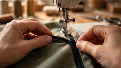 hands sewing a zipper on a sewing machine