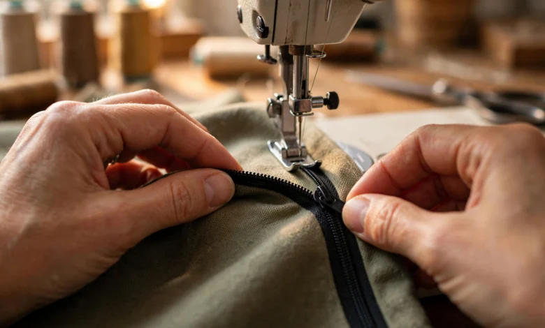 hands sewing a zipper on a sewing machine