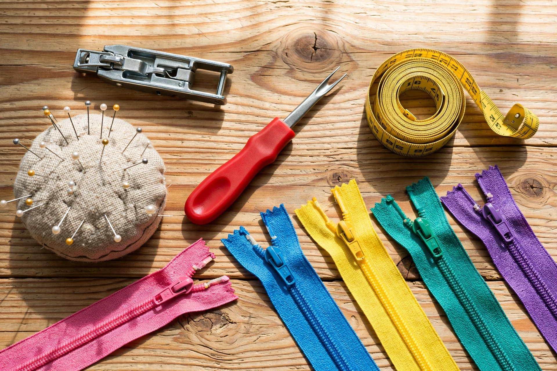 how to sew a zipper: sewing tools including a zipper foot, pins, seam ripper and colorful zippers