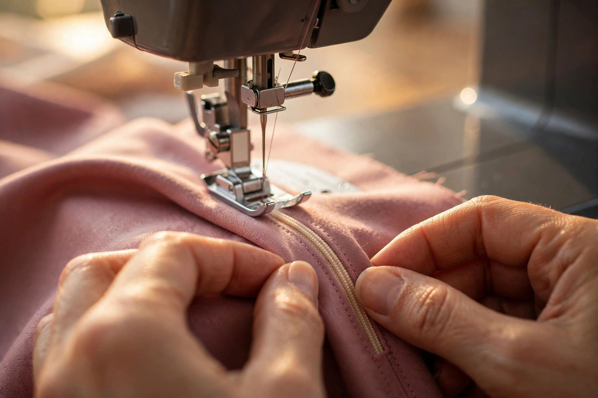invisible zipper being sewn into a dress seam