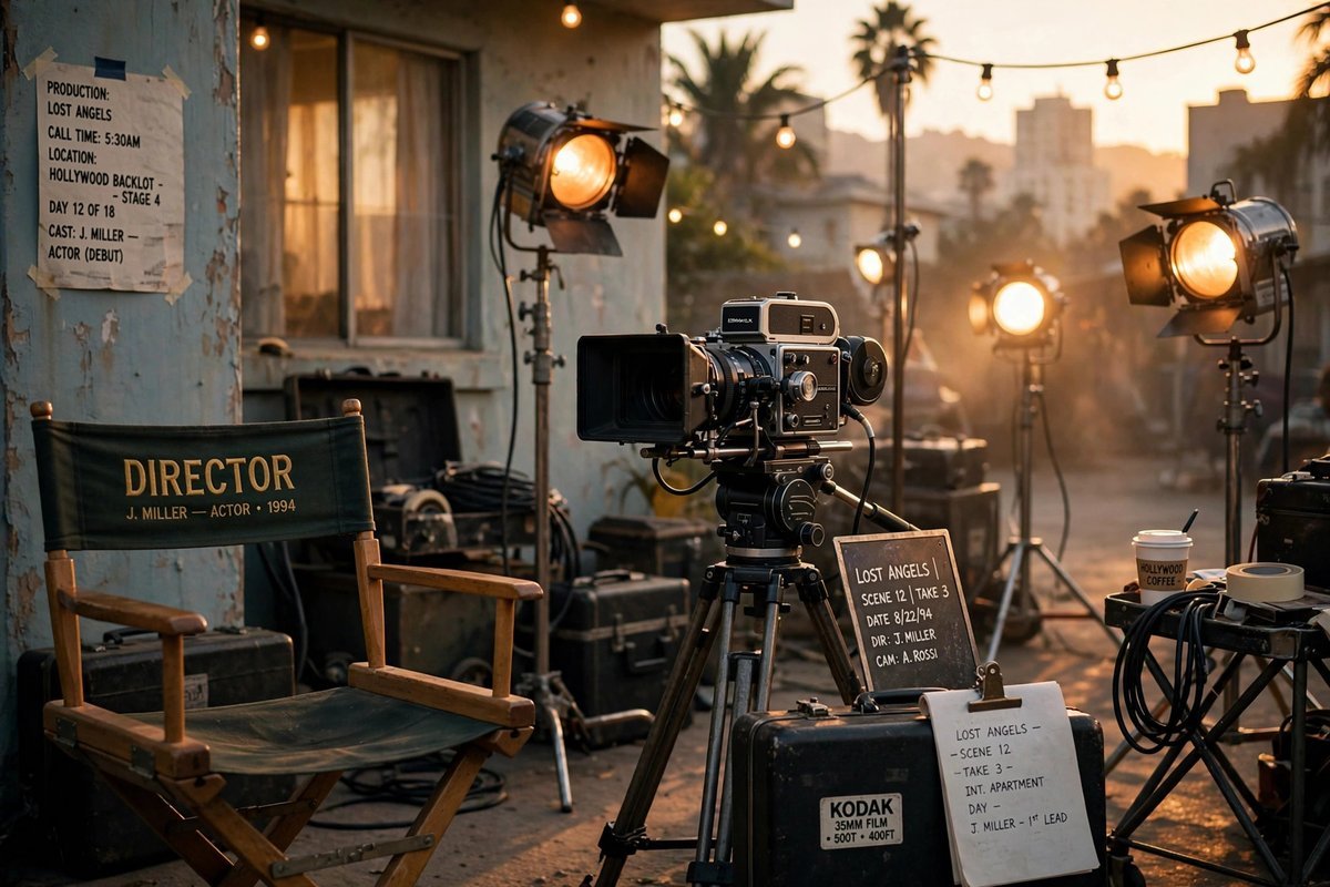 A 1990s film set with a director's chair and camera, evoking Peter Sarsgaard's early acting career.