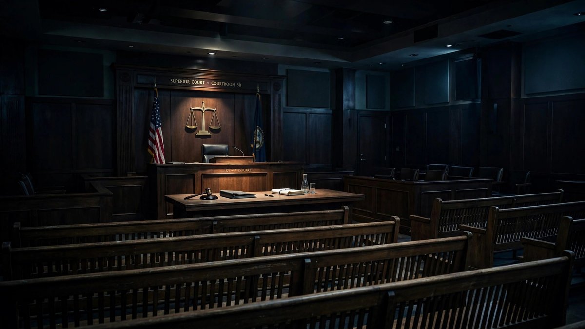 A cinematic courtroom scene evoking the legal thriller series Presumed Innocent.