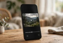 Smartphone on a wooden desk displaying a video player interface, illustrating the Picazor Facebook downloader.
