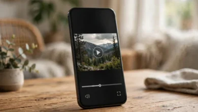 Smartphone on a wooden desk displaying a video player interface, illustrating the Picazor Facebook downloader.