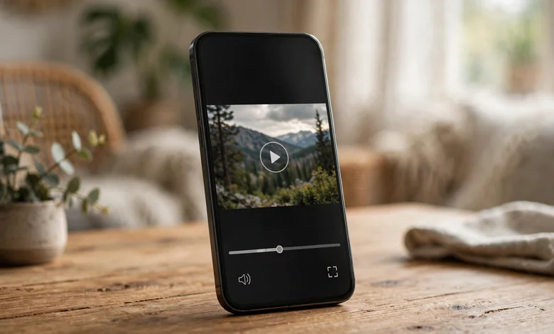 Smartphone on a wooden desk displaying a video player interface, illustrating the Picazor Facebook downloader.