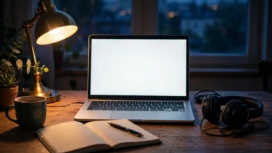 Cozy home office desk at dusk with a laptop, notebook, and headphones, illustrating a guide to the piracy megathread.