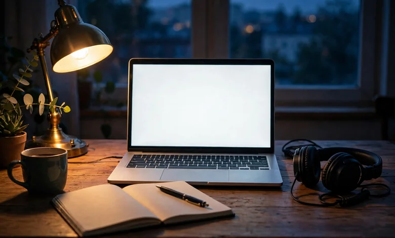 Cozy home office desk at dusk with a laptop, notebook, and headphones, illustrating a guide to the piracy megathread.