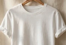 A women's white classic crew neck t-shirt by Boody hanging on a hanger, showing the smooth bamboo-cotton fabric.