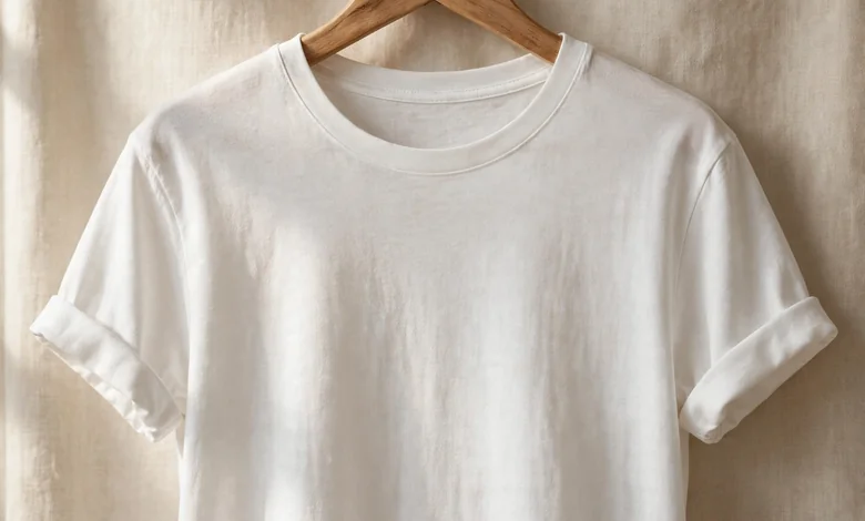 A women's white classic crew neck t-shirt by Boody hanging on a hanger, showing the smooth bamboo-cotton fabric.