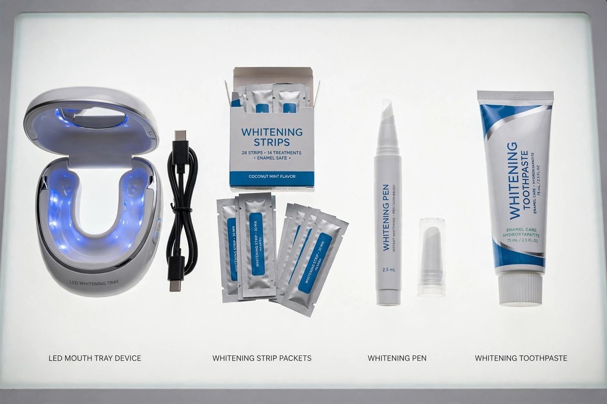 Best at home teeth whitening kits compared side by side: LED tray, strips, pen and toothpaste.