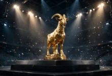 A golden goat trophy on a sports podium, representing the G.O.A.T. title.