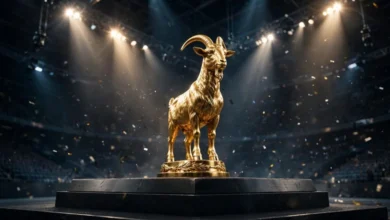 A golden goat trophy on a sports podium, representing the G.O.A.T. title.