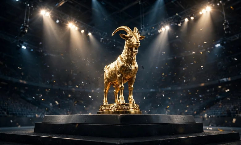 A golden goat trophy on a sports podium, representing the G.O.A.T. title.